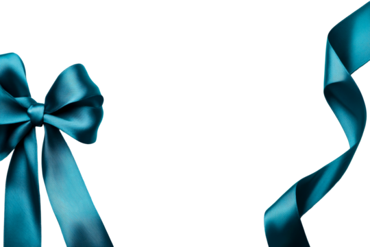 Satin ribbon bow and curl teal isolated on black, cut out transparent