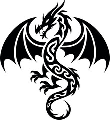 Vector image of a black winged dragon. Medieval winged monster. Knights hunter. Symbol of wisdom and force. Spirit of Celts. Black tribal tattoo.