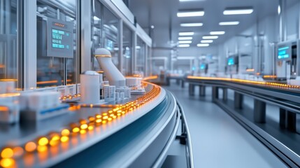 Obraz premium Pharmaceutical Industry Insights. Automated Factory Production Line with Robotic Arm