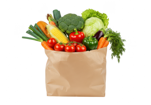 A brown paper grocery bag filled with a variety of fresh vegetables isolated on transparent background