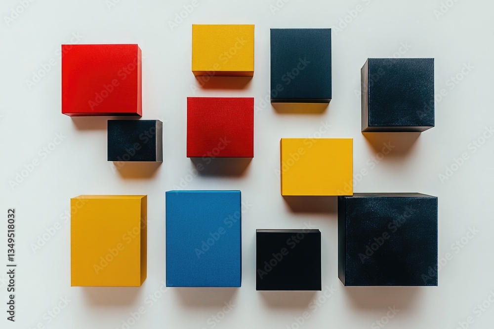 Poster abstract composition of colorful cubes arranged asymmetrically on a white background.