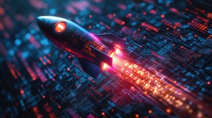 Futuristic rocket launching through digital circuitry