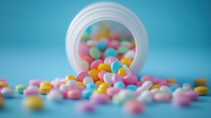 A colorful array of pastel candies spills from a white container against a vibrant blue background.