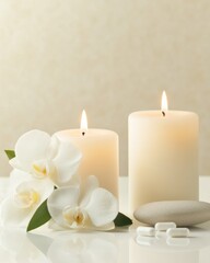 Pharmaceutical Industry Insights. White Candles with Orchid and Stones on Beige Background