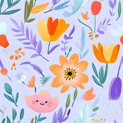 Happy flowers in seamless purple pattern illustrations
