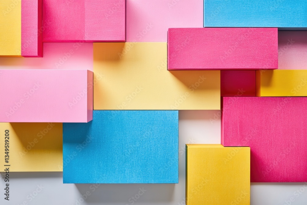 Poster abstract composition of colorful blocks forming a geometric pattern with pastel shades.