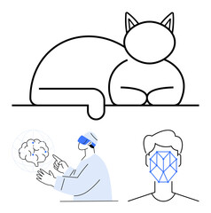 Abstract cat design paired with a scientist exploring brain activity using VR tools and facial recognition. Ideal for AI, neuroscience, technology, animal simplicity, data analysis, innovation