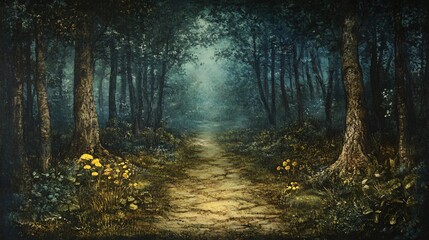 Obraz premium Enchanting Path Through Dark Forest - Mysterious and Serene Nature Landscape