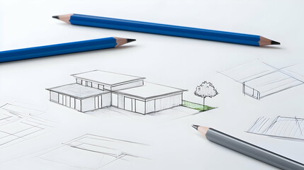 Architectural Sketch Drawing With Pencils On White Paper