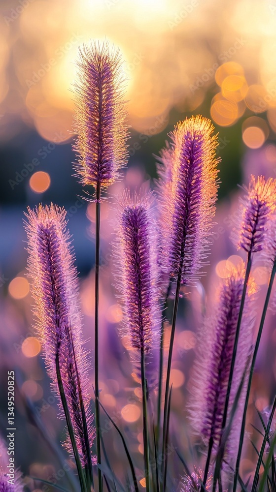 Poster delicate purple grasses stand tall as the sun sets, creating a mesmerizing backdrop. soft bokeh ligh