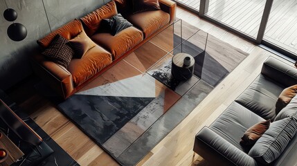 A rug featuring angular shapes and dark, metallic shades, evoking an industrial factory floor.
