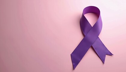 Purple ribbon awareness symbol on gentle pink background. Represents support, advocacy, healthcare. Delicate satin ribbon, pastel colors creates soft, feminine design. Health care, social causes.
