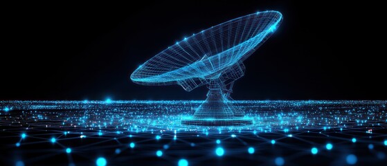 A digital network displays a satellite dish with glowing connections