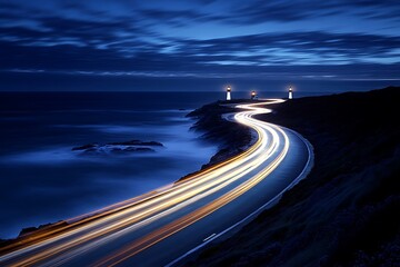 A coastal highway lit by distant lighthouses, the beams of light sweeping across the waves.