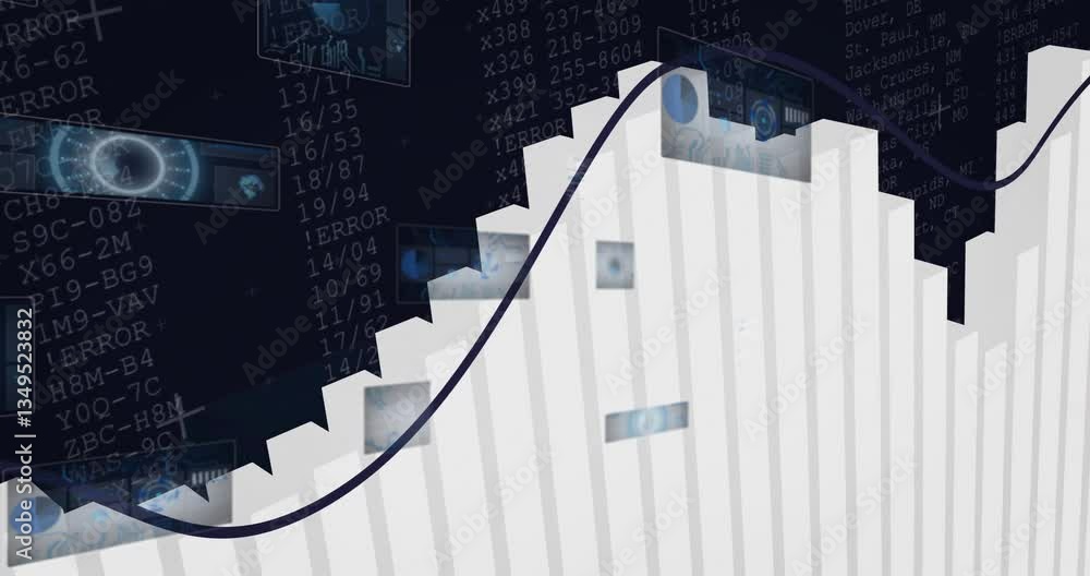 Poster rising bar graph with data processing animation over digital error codes