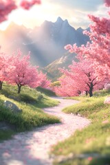 A winding path through blooming pink flowering trees and mountains