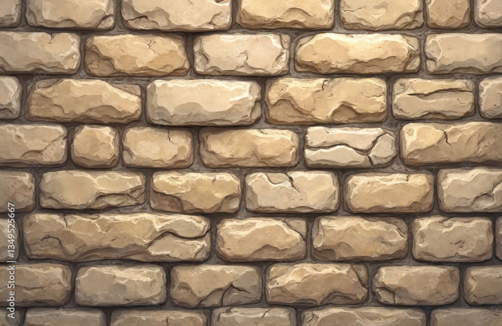 Poster seamless stone wall with rectangular beige bricks. rugged texture evokes durability strength. rustic