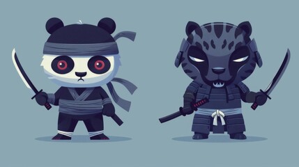 illustraction of techwear chibi panda ninjas robot mecha future JAPANESE VIBE detailed design for streetwaer and urban style t-shirts design
