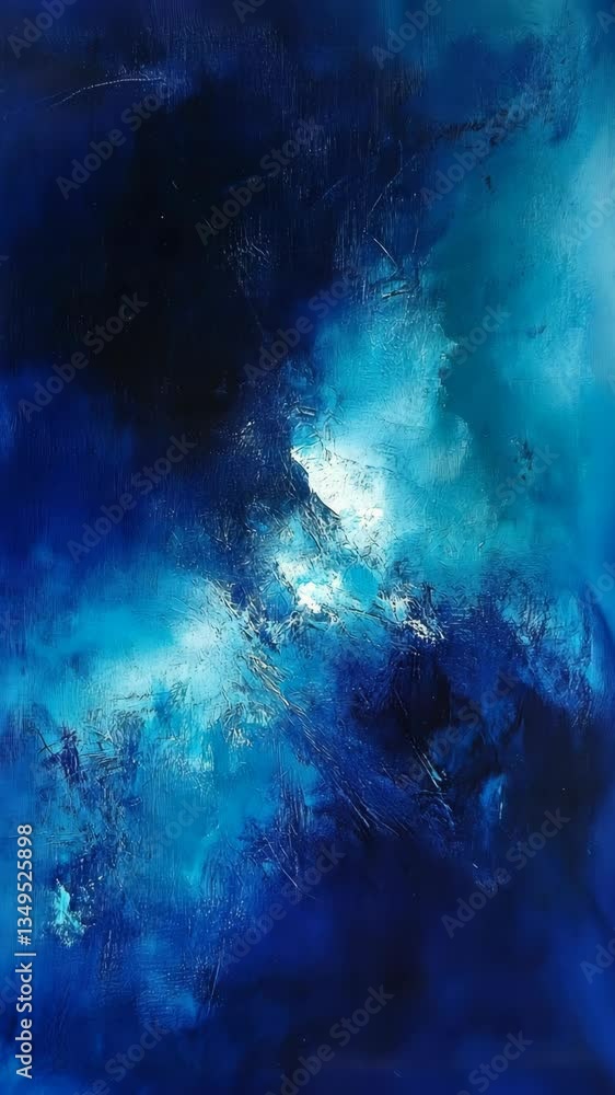 Poster abstract artwork featuring deep blue tones and swirling textures capturing a sense of movement and d