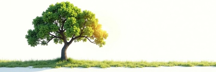 Fototapeta premium Isolated tree on a white background with soft morning light filtering through its leaves, greenery, forest