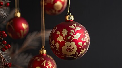 Elegant Red and Gold Christmas Ornaments Hanging on a Tree Branch