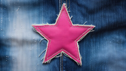Pink fabric star sewn on blue jeans, fashion symbol and denim decoration