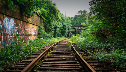 Overgrown Forest with Abandoned Railway Tracks Rusted Rails Wooden Ties Thick Plants and Graffiti on a Distant Wall