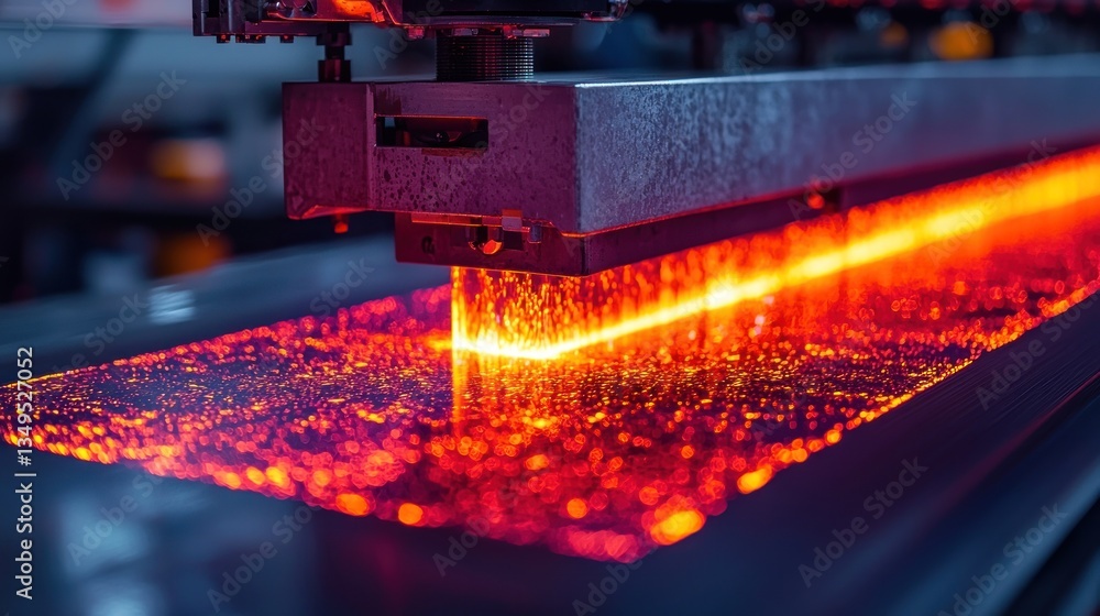 Poster automated laser cutting process with sparks flying in a metallurgy factory