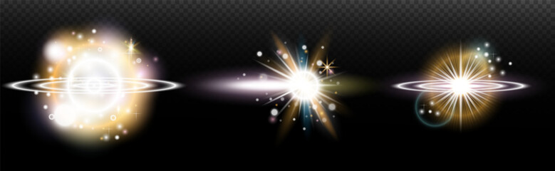 Set of flash light effect with glare and glow on a transparent background. Magic, rainbow glow, shining light, stars, optical flares for design, photomontage, New Year and holiday projects.