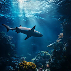 Fototapeta premium Sharks in Natural Habitat – Marine Conservation Concept for Shark Awareness Day