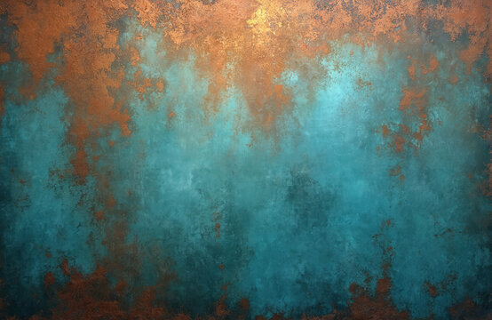 Abstract background with vivid transition from turquoise to rust hues. Suggesting aged copper patina or artistic weathered wall. Ideal for eco interior design, wallpaper or artistic projects.