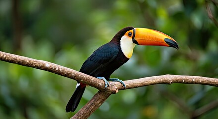 Obraz premium A Toucan Perched on a Branch, Its Vibrant Beak Standing Out Against Lush Greenery 