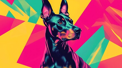 Colorful dog portrait, vibrant abstract background, artistic design, digital illustration, potential use for posters or prints