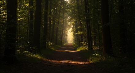 Sunlit Forest Path Mystical Morning Light. AI Generated
