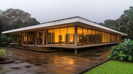 Modernist building bathed in warm light, tropical garden setting, wet paved courtyard