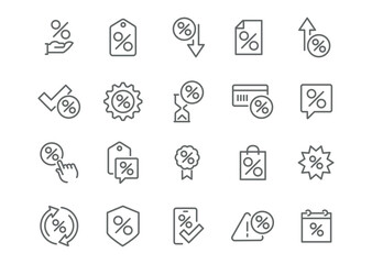 Discounts and Sales Icon Set Features vector line icons of gift boxes, percentage signs, sale badges, and other elements, ready for use.