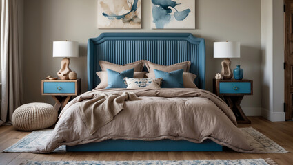 Serene coastal bedroom sanctuary featuring a teal upholstered bed, soft linen bedding, and calming neutral tones.