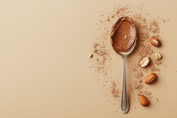 Chocolate hazelnut spread in a spoon with almonds