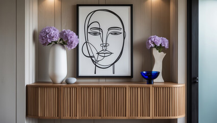 A serene minimalist home interior featuring a striking line drawing of a woman's face, complemented by delicate purple hydrangeas in elegant vases, all displayed on a warm wood console.