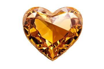 Golden heart shaped gemstone with many facets, cut out transparent