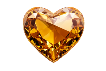 Golden heart shaped gemstone with many facets, cut out transparent