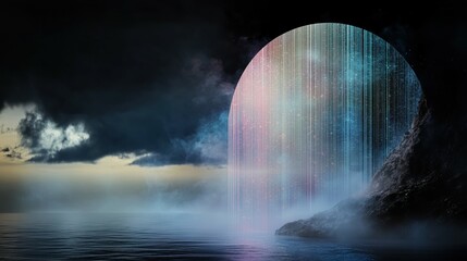 Digital Waterfall with Cosmic Elements in Mystical Landscape Scene