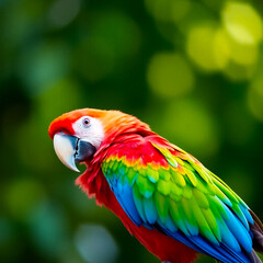 Obraz premium Brilliant Scarlet Macaw Displaying Its Vibrant Red, Blue, and Yellow Feathers in a Lush Tropical Setting, Showcasing the Beauty of Exotic Wildlife