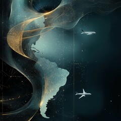 Abstract global travel concept with planes and digital map patterns