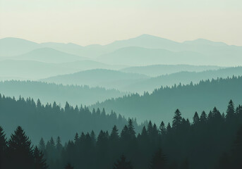 Naklejka premium Layered Mountain Landscape with Evergreen Forest and Misty Atmosphere