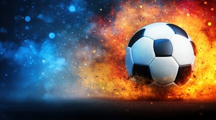 Naklejka premium A soccer ball is engulfed in flames and contrasting blue light