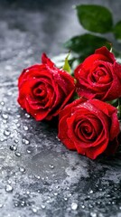 Naklejka premium Three vibrant red roses with water droplets against a dark background