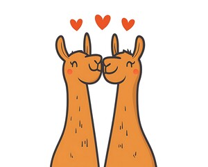 Naklejka premium Two happy llamas share a kiss of love with hearts above