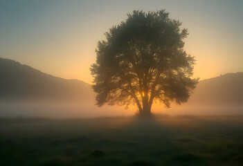 Fototapeta premium Tree Silhouette in Foggy Landscape at Sunrise with Golden Light