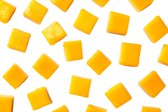 Mango cubes pattern, yellow fruit pieces on dark, cut out transparent
